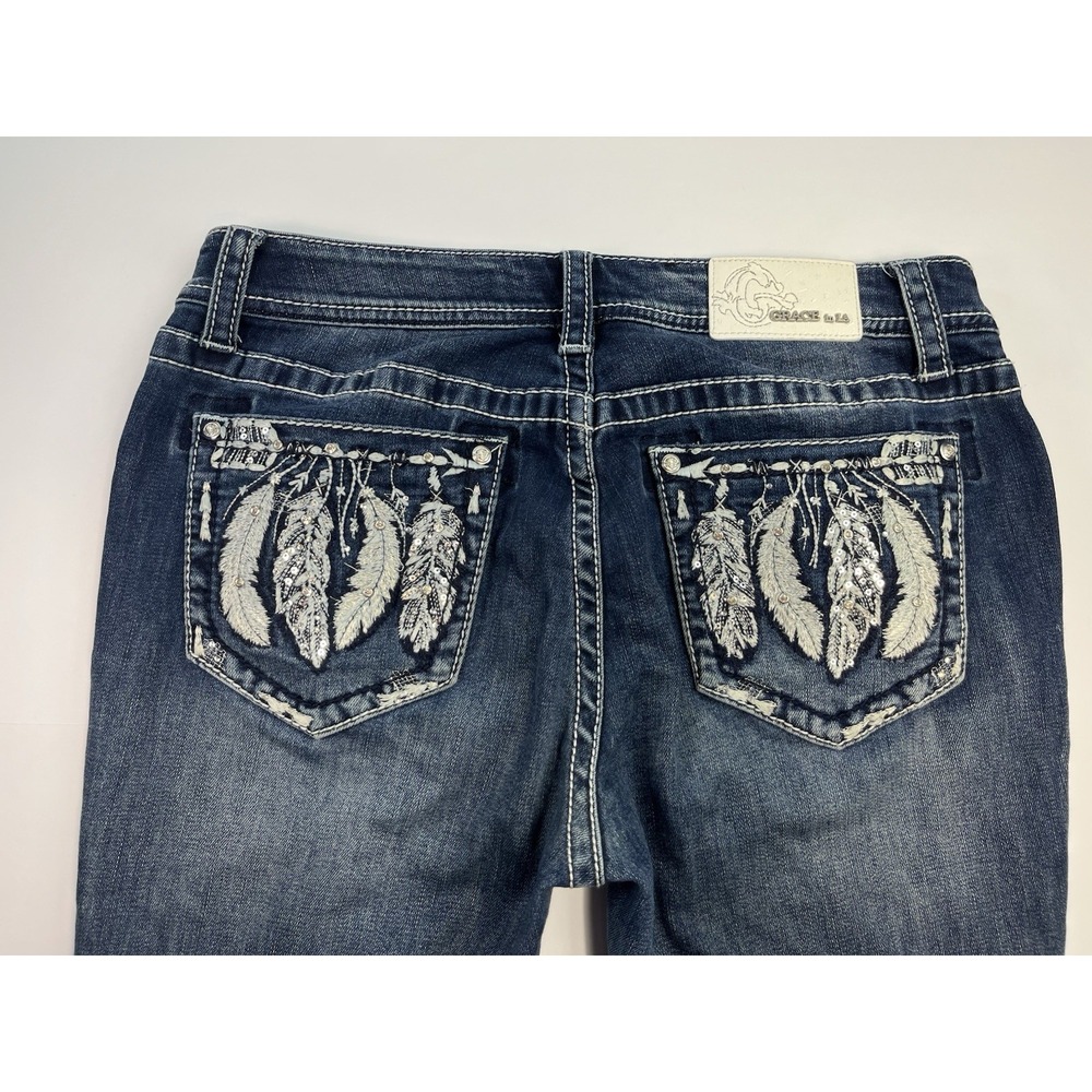 Grace in LA Womens Jeans Embellished Bootcut Size 27 Rhinestone Feather Bling